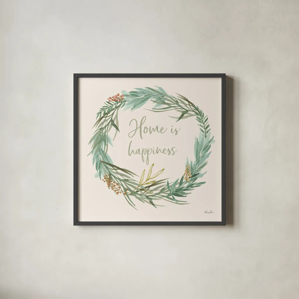 Leaf and Stem Wreath I by Laura Horn. Shown in a sleek black glass frame for a contemporary gallery look. Available as an archival giclee rolled canvas, fine art paper, or poster print. SKU 81137a.