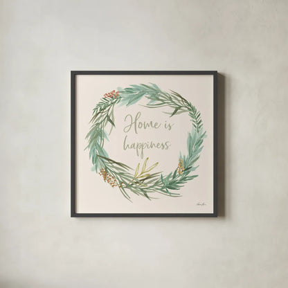 Leaf and Stem Wreath I by Laura Horn. Shown in a sleek black glass frame for a contemporary gallery look. Available as an archival giclee rolled canvas, fine art paper, or poster print. SKU 81137a.