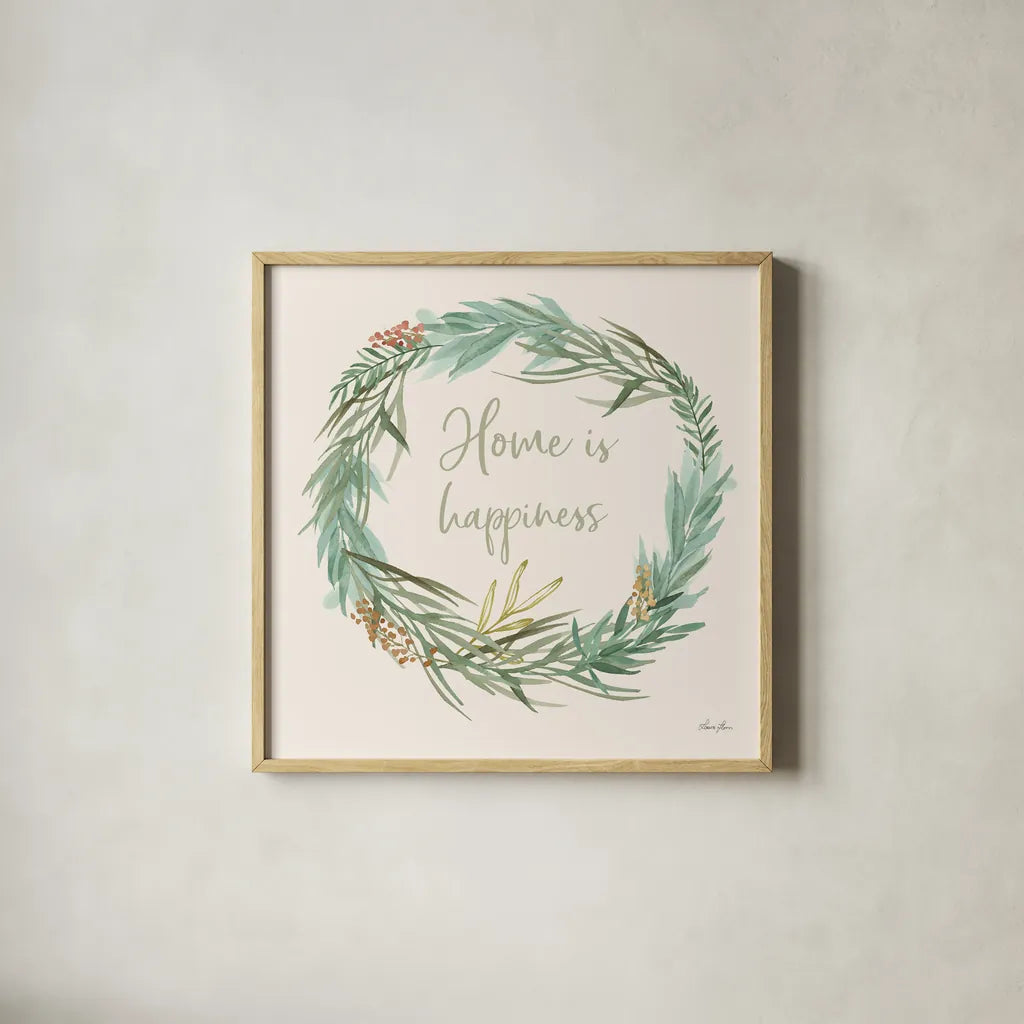 Leaf and Stem Wreath I by Laura Horn. Shown in a natural wood glass frame for a timeless modern aesthetic. Available as an archival giclee rolled canvas, fine art paper, or poster print. SKU 81137a.