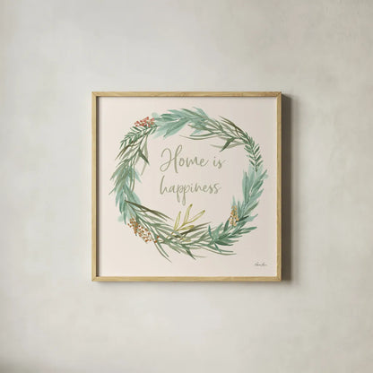 Leaf and Stem Wreath I by Laura Horn. Shown in a natural wood glass frame for a timeless modern aesthetic. Available as an archival giclee rolled canvas, fine art paper, or poster print. SKU 81137a.