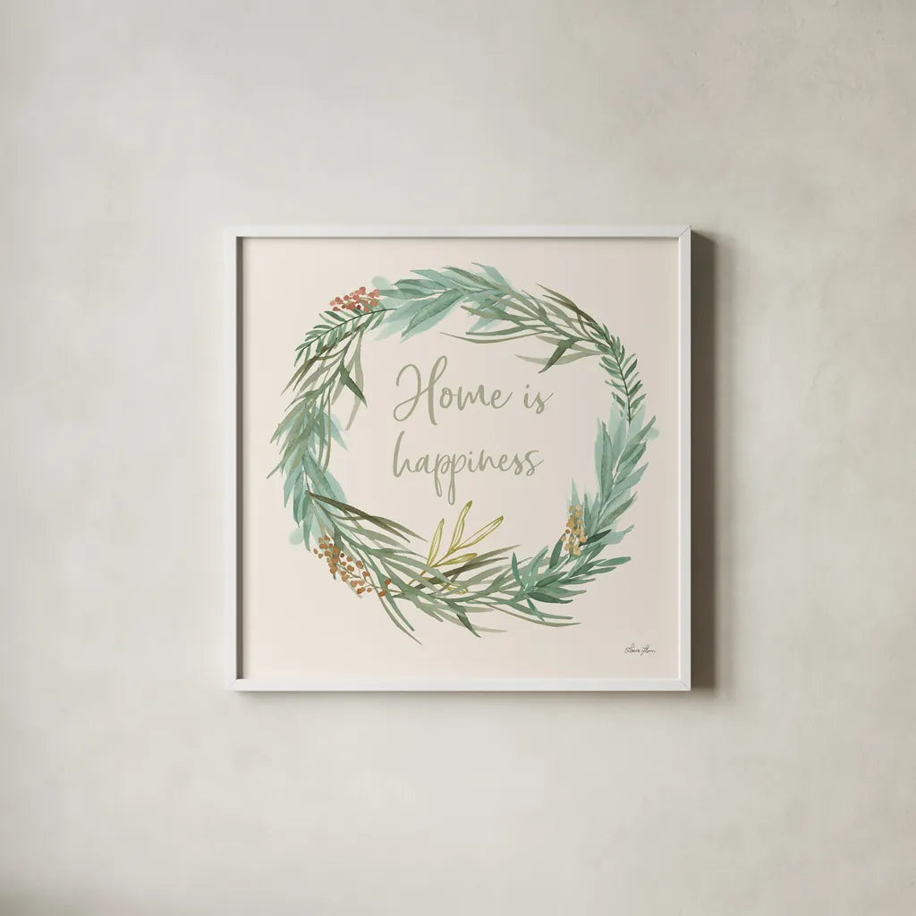 Leaf and Stem Wreath I by Laura Horn. Shown in a crisp white glass frame for a clean and minimalist style. Available as an archival giclee rolled canvas, fine art paper, or poster print. SKU 81137a.