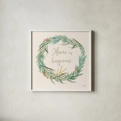 Leaf and Stem Wreath I by Laura Horn. Shown in a crisp white glass frame for a clean and minimalist style. Available as an archival giclee rolled canvas, fine art paper, or poster print. SKU 81137a.