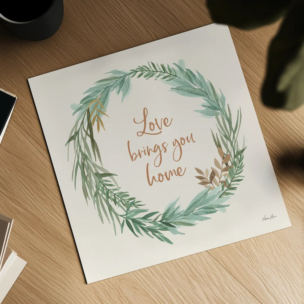 Leaf and Stem Wreath II by Laura Horn. Shown as a detailed flat fine art print, highlighting archival giclee quality. Available as an archival giclee rolled canvas, fine art paper, or poster print. SKU 81138a.