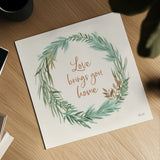 Leaf and Stem Wreath II by Laura Horn. Shown as a detailed flat fine art print, highlighting archival giclee quality. Available as an archival giclee rolled canvas, fine art paper, or poster print. SKU 81138a.