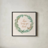 Leaf and Stem Wreath II by Laura Horn. Shown in a sleek black glass frame for a contemporary gallery look. Available as an archival giclee rolled canvas, fine art paper, or poster print. SKU 81138a.