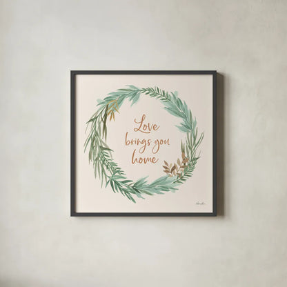 Leaf and Stem Wreath II by Laura Horn. Shown in a sleek black glass frame for a contemporary gallery look. Available as an archival giclee rolled canvas, fine art paper, or poster print. SKU 81138a.