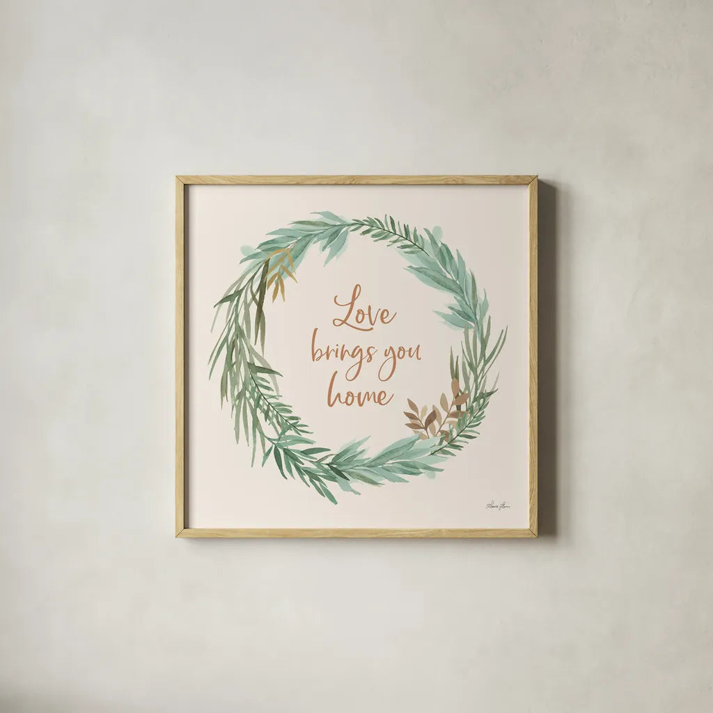 Leaf and Stem Wreath II by Laura Horn. Shown in a natural wood glass frame for a timeless modern aesthetic. Available as an archival giclee rolled canvas, fine art paper, or poster print. SKU 81138a.