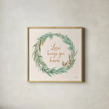 Leaf and Stem Wreath II by Laura Horn. Shown in a natural wood glass frame for a timeless modern aesthetic. Available as an archival giclee rolled canvas, fine art paper, or poster print. SKU 81138a.
