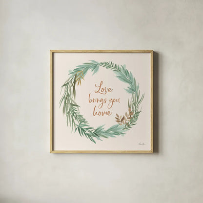 Leaf and Stem Wreath II by Laura Horn. Shown in a natural wood glass frame for a timeless modern aesthetic. Available as an archival giclee rolled canvas, fine art paper, or poster print. SKU 81138a.