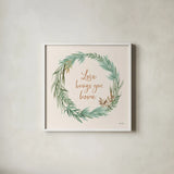 Leaf and Stem Wreath II by Laura Horn. Shown in a crisp white glass frame for a clean and minimalist style. Available as an archival giclee rolled canvas, fine art paper, or poster print. SKU 81138a.