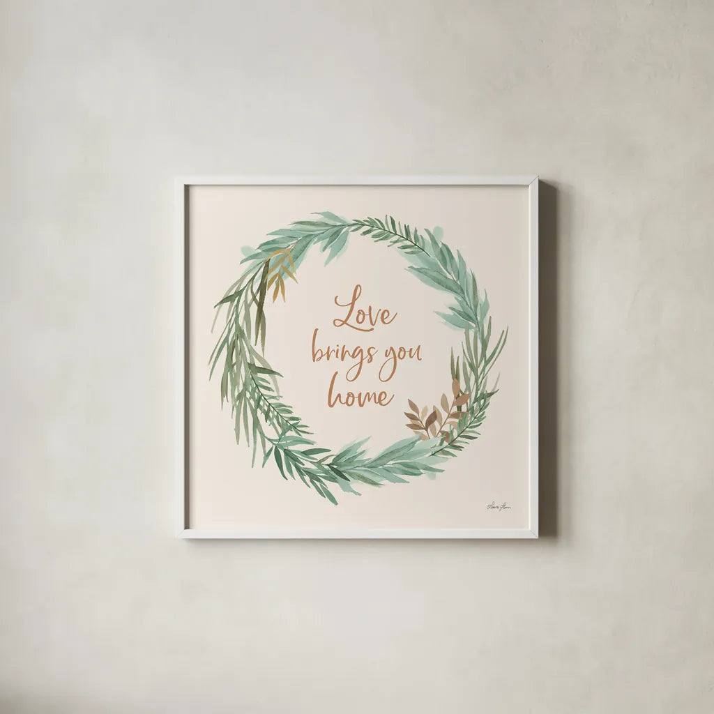 Leaf and Stem Wreath II by Laura Horn. Shown in a crisp white glass frame for a clean and minimalist style. Available as an archival giclee rolled canvas, fine art paper, or poster print. SKU 81138a.