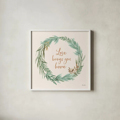 Leaf and Stem Wreath II by Laura Horn. Shown in a crisp white glass frame for a clean and minimalist style. Available as an archival giclee rolled canvas, fine art paper, or poster print. SKU 81138a.