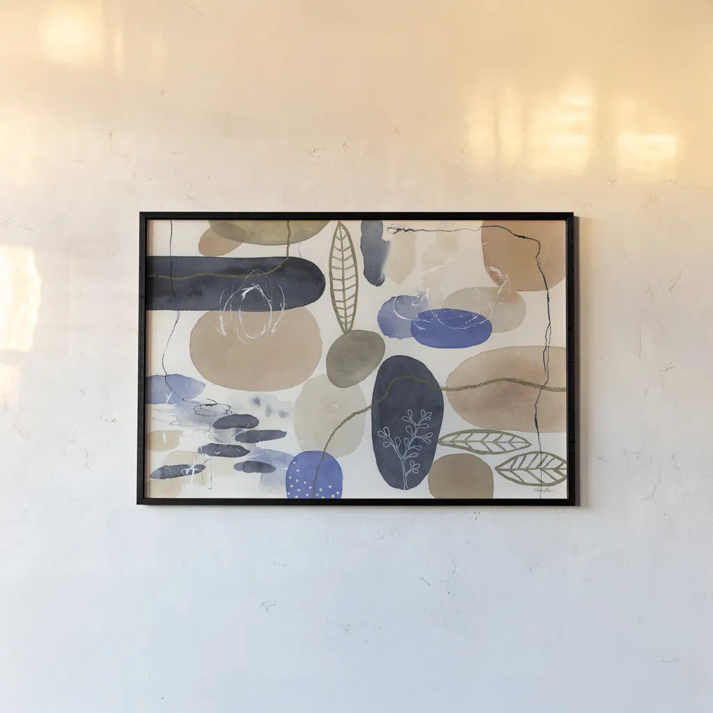 Leaves and Stones I by Laura Horn. shown as a paper print in a black flame. Available as a archival giclee rolled canvas, fine art paper, or poster print. SKU 78483i.