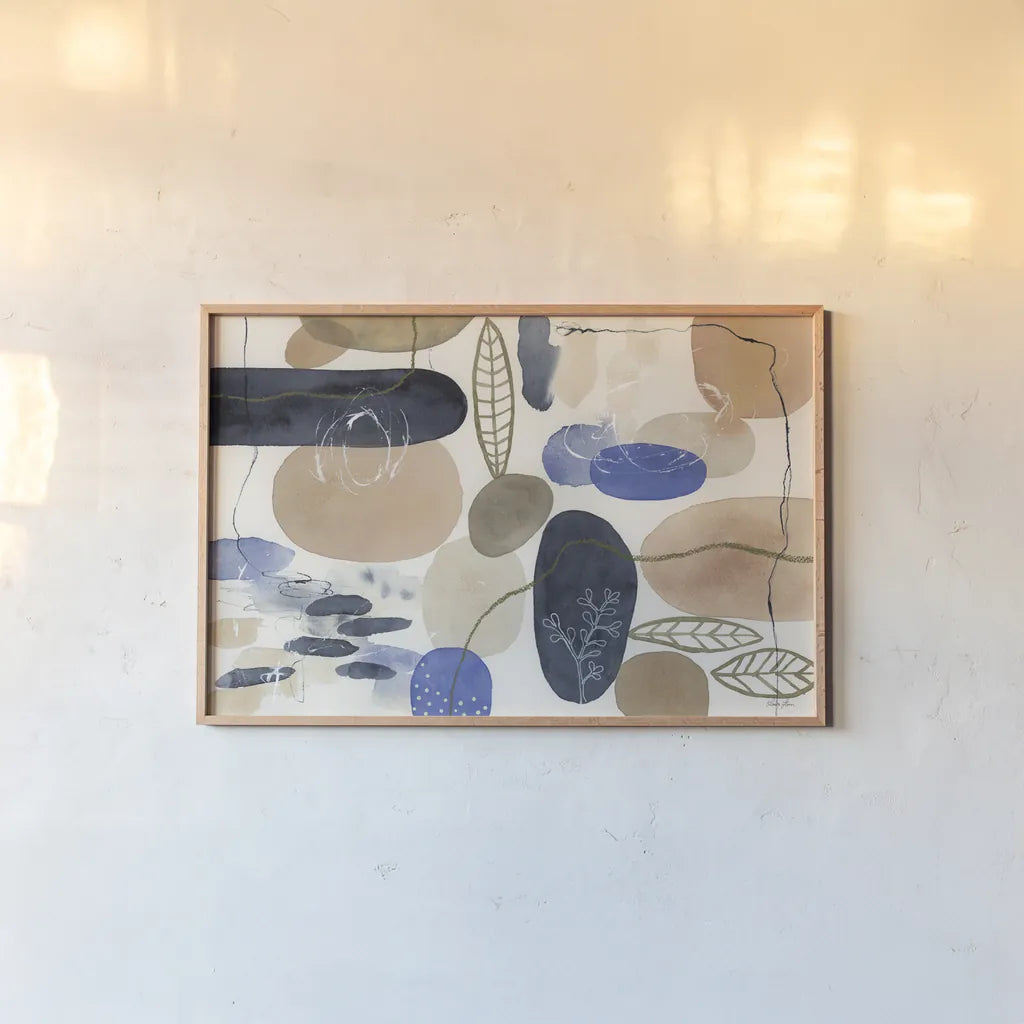 Leaves and Stones I by Laura Horn. shown as a paper print in a natural frame. Available as a archival giclee rolled canvas, fine art paper, or poster print. SKU 78483i.
