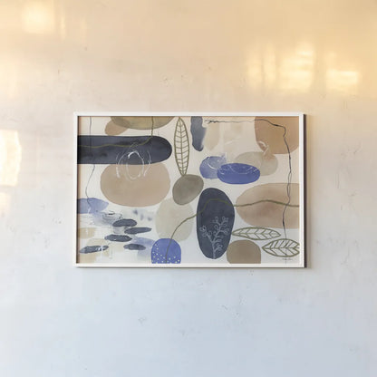 Leaves and Stones I by Laura Horn. shown as a paper print in a white frame. Available as a archival giclee rolled canvas, fine art paper, or poster print. SKU 78483i.