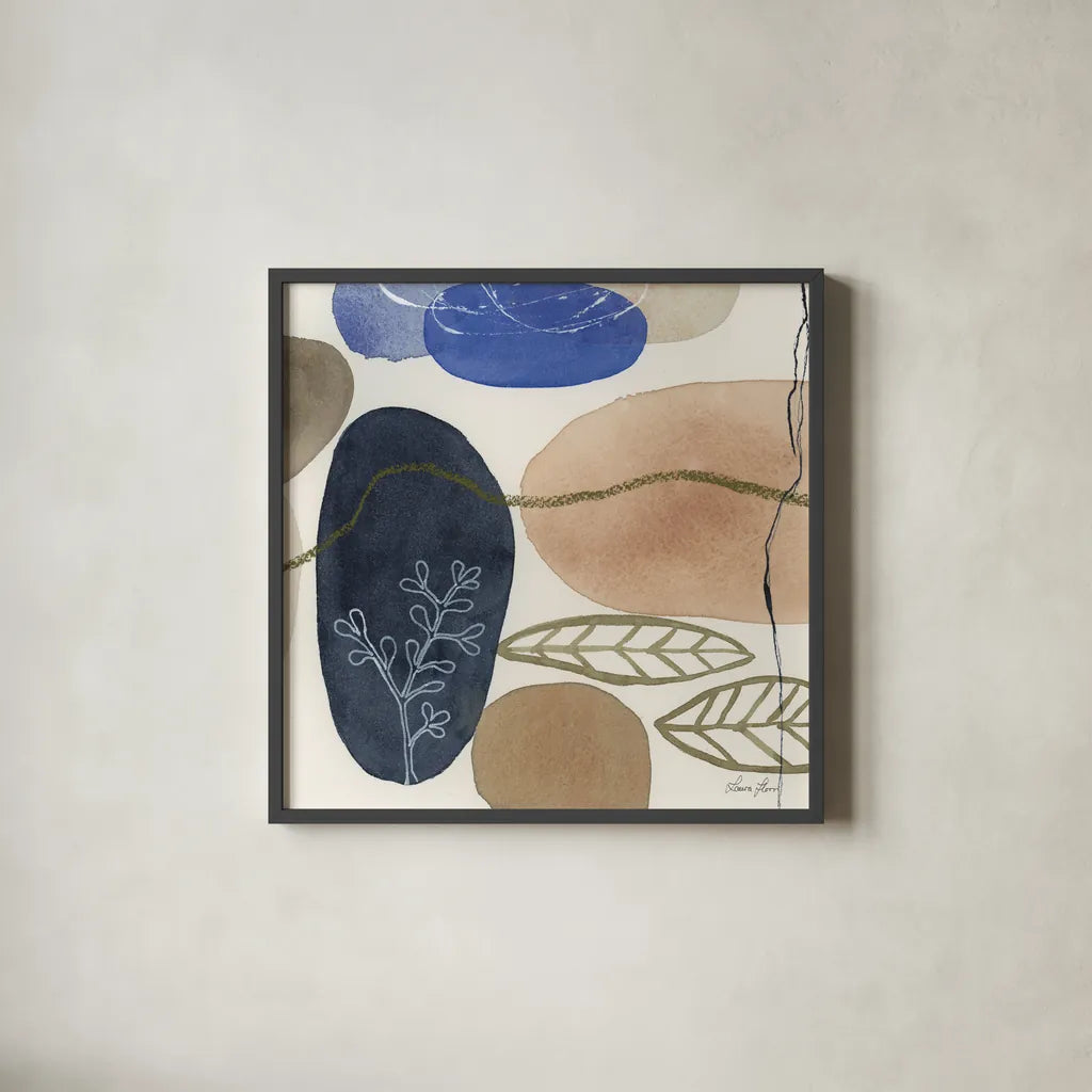 Leaves and Stones II by Laura Horn. Shown in a sleek black glass frame for a contemporary gallery look. Available as an archival giclee rolled canvas, fine art paper, or poster print. SKU 78484a.