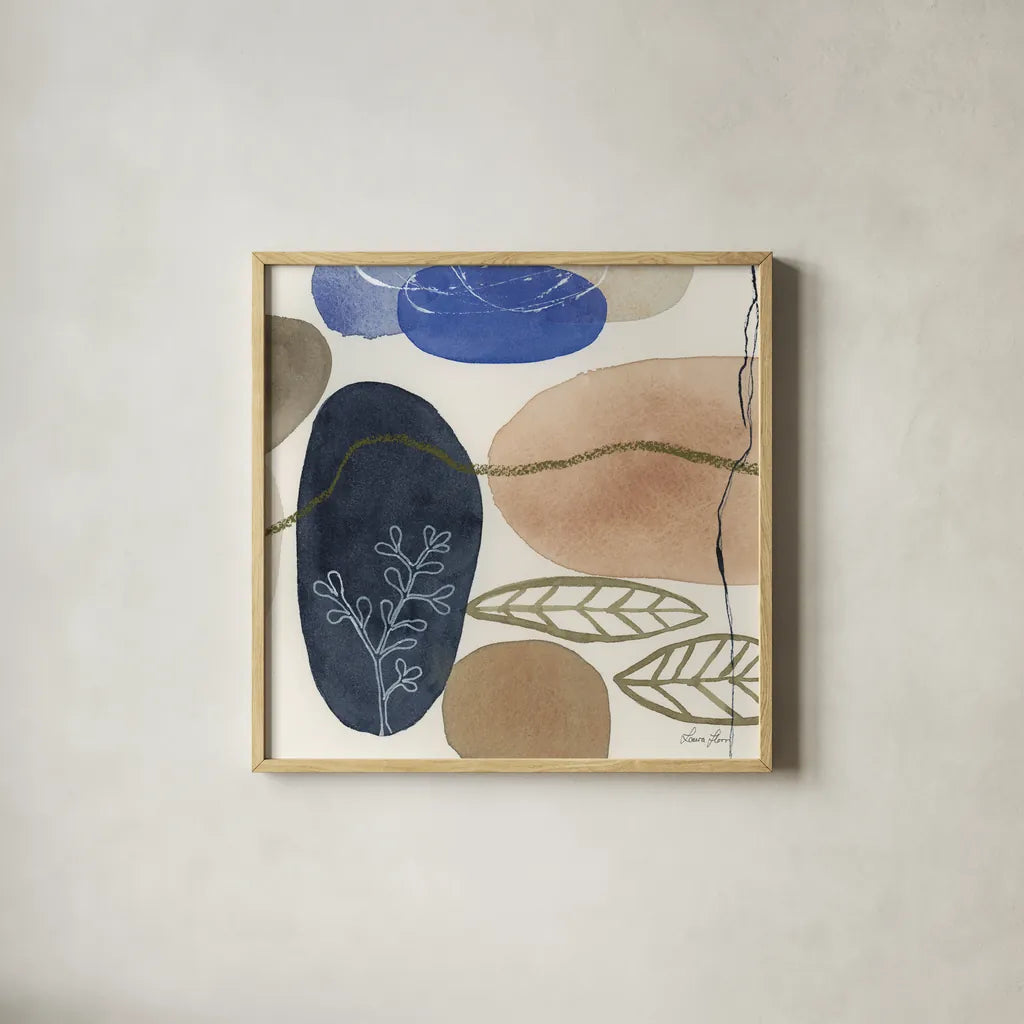 Leaves and Stones II by Laura Horn. Shown in a natural wood glass frame for a timeless modern aesthetic. Available as an archival giclee rolled canvas, fine art paper, or poster print. SKU 78484a.