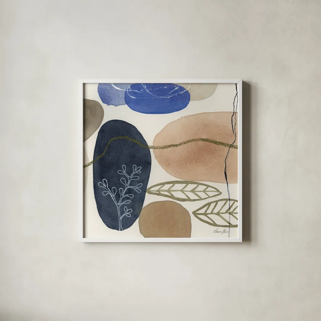 Leaves and Stones II by Laura Horn. Shown in a crisp white glass frame for a clean and minimalist style. Available as an archival giclee rolled canvas, fine art paper, or poster print. SKU 78484a.
