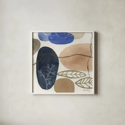 Leaves and Stones II by Laura Horn. Shown in a crisp white glass frame for a clean and minimalist style. Available as an archival giclee rolled canvas, fine art paper, or poster print. SKU 78484a.