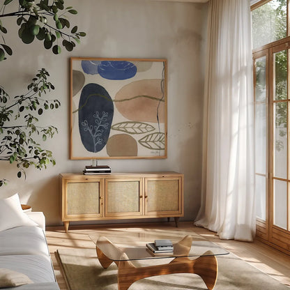 Leaves and Stones II by Laura Horn. Shown in a natural wood frame in a cozy modern living room. Available as an archival giclee rolled canvas, fine art paper, or poster print. SKU 78484a.