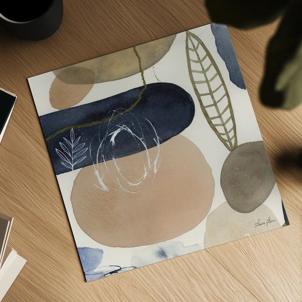 Leaves and Stones III by Laura Horn. Shown as a detailed flat fine art print, highlighting archival giclee quality. Available as an archival giclee rolled canvas, fine art paper, or poster print. SKU 78485a.