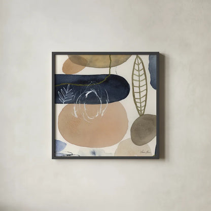 Leaves and Stones III by Laura Horn. Shown in a sleek black glass frame for a contemporary gallery look. Available as an archival giclee rolled canvas, fine art paper, or poster print. SKU 78485a.