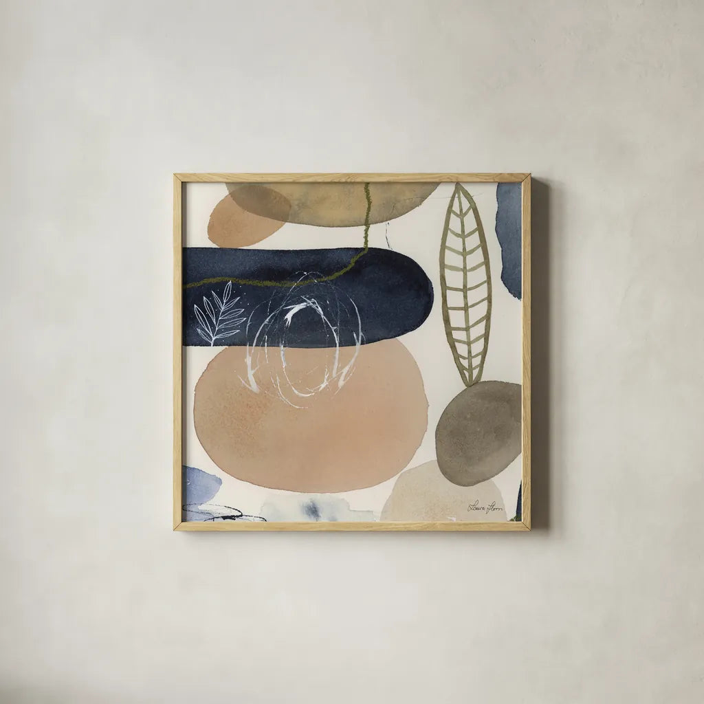Leaves and Stones III by Laura Horn. Shown in a natural wood glass frame for a timeless modern aesthetic. Available as an archival giclee rolled canvas, fine art paper, or poster print. SKU 78485a.