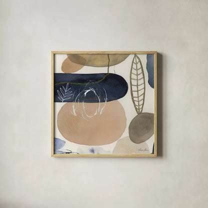 Leaves and Stones III by Laura Horn. Shown in a natural wood glass frame for a timeless modern aesthetic. Available as an archival giclee rolled canvas, fine art paper, or poster print. SKU 78485a.