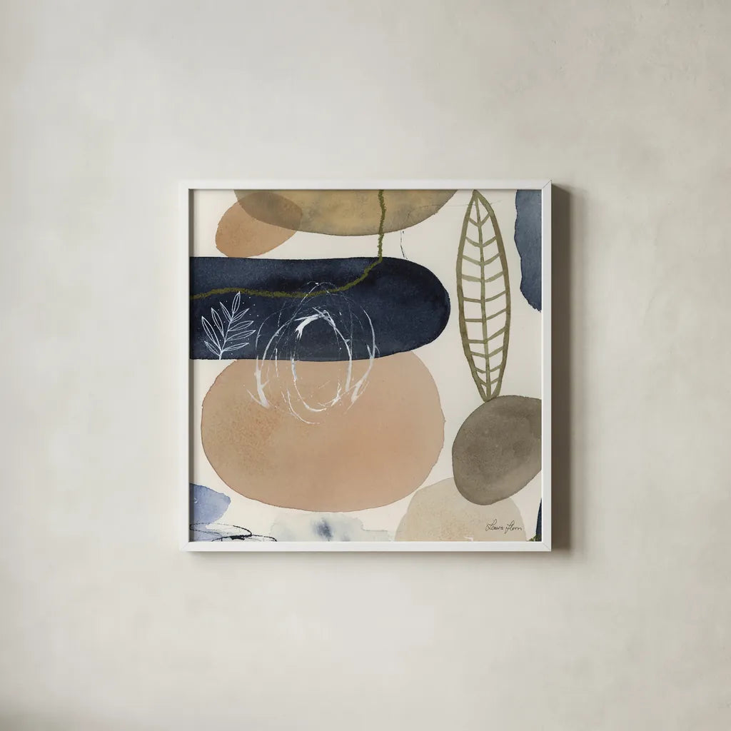 Leaves and Stones III by Laura Horn. Shown in a crisp white glass frame for a clean and minimalist style. Available as an archival giclee rolled canvas, fine art paper, or poster print. SKU 78485a.