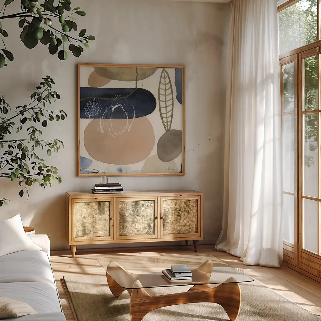 Leaves and Stones III by Laura Horn. Shown in a natural wood frame in a cozy modern living room. Available as an archival giclee rolled canvas, fine art paper, or poster print. SKU 78485a.