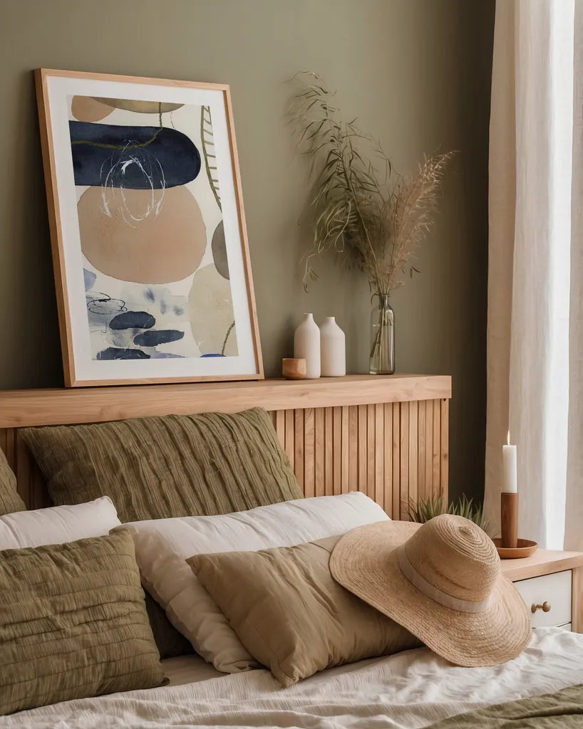 Leaves and Stones IV by Laura Horn. shown as a paper print in a natural frame. Available as a archival giclee rolled canvas, fine art paper, or poster print. SKU 78486h.