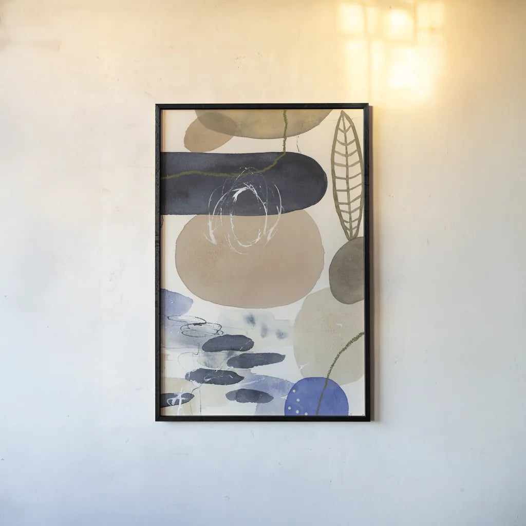 Leaves and Stones IV by Laura Horn. shown as a paper print in a black flame. Available as a archival giclee rolled canvas, fine art paper, or poster print. SKU 78486h.