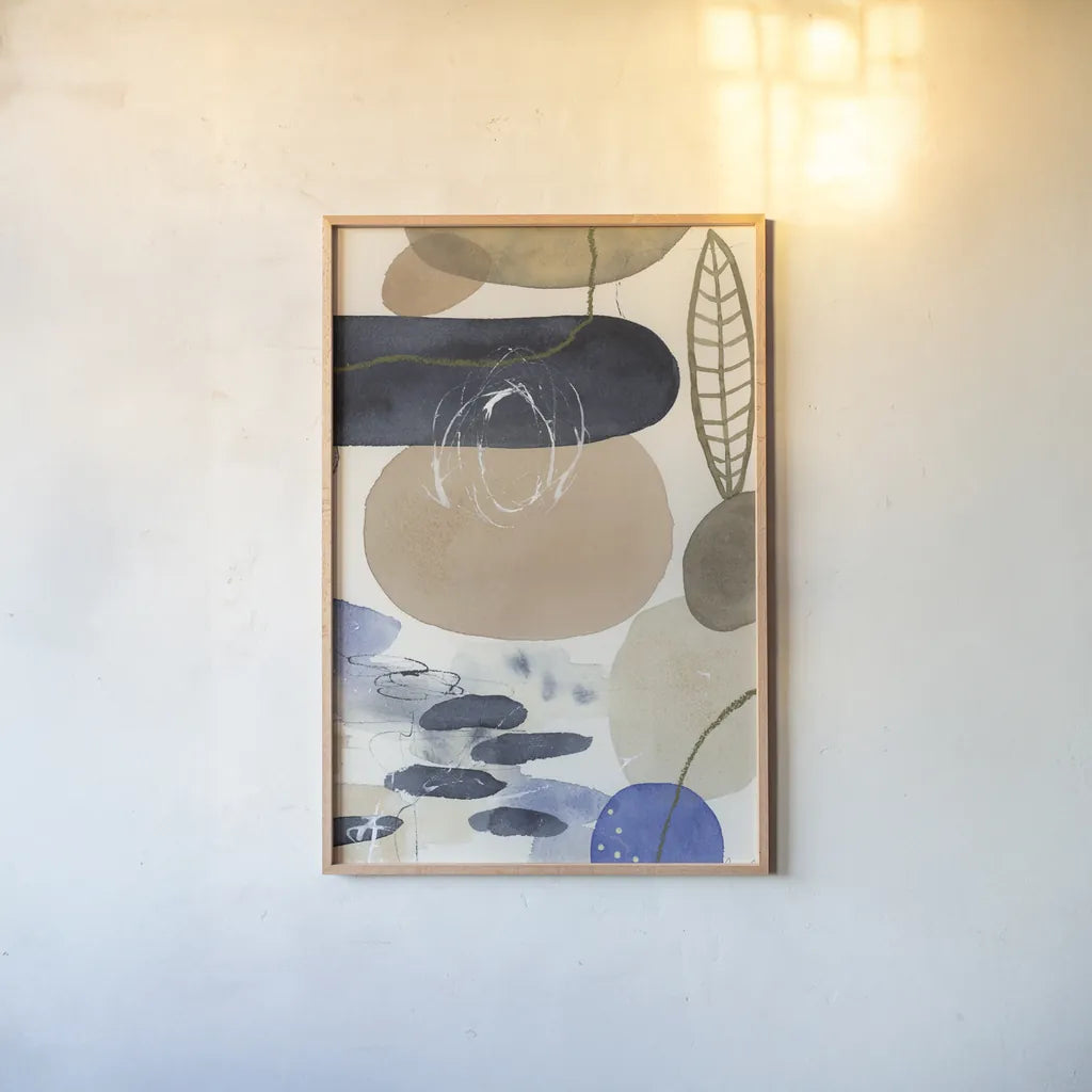 Leaves and Stones IV by Laura Horn. shown as a paper print in a natural frame. Available as a archival giclee rolled canvas, fine art paper, or poster print. SKU 78486h.