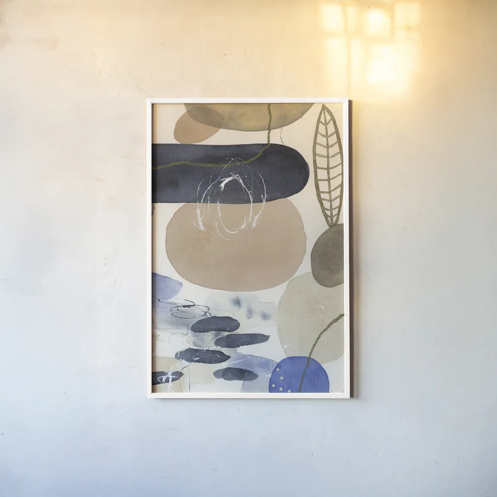 Leaves and Stones IV by Laura Horn. shown as a paper print in a white frame. Available as a archival giclee rolled canvas, fine art paper, or poster print. SKU 78486h.