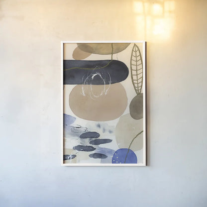 Leaves and Stones IV by Laura Horn. shown as a paper print in a white frame. Available as a archival giclee rolled canvas, fine art paper, or poster print. SKU 78486h.