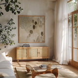 Natural Abstract II Crop I by Laura Horn. Shown in a natural wood frame in a cozy modern living room. Available as an archival giclee rolled canvas, fine art paper, or poster print. SKU 72825a.