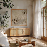 Natural Abstract II Crop II by Laura Horn. Shown in a natural wood frame in a cozy modern living room. Available as an archival giclee rolled canvas, fine art paper, or poster print. SKU 72826a.