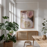 Nesting by Laura Horn. shown as a print in a natural wood frame in a dining room. Available as a archival giclee rolled canvas, fine art paper, or poster print. SKU 91642h.