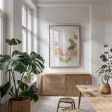Palette of Spring I by Laura Horn. shown as a print in a natural wood frame in a dining room. Available as a archival giclee rolled canvas, fine art paper, or poster print. SKU 73170h.