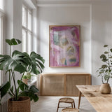 Picnic Spot by Laura Horn. shown as a print in a natural wood frame in a dining room. Available as a archival giclee rolled canvas, fine art paper, or poster print. SKU 91643h.
