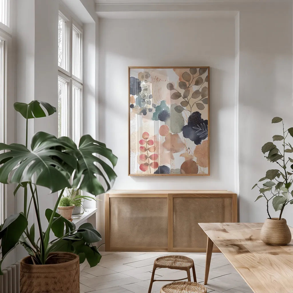 Serene Nature IV by Laura Horn. shown as a print in a natural wood frame in a dining room. Available as a archival giclee rolled canvas, fine art paper, or poster print. SKU 74583h.