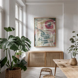 Strawberry Fields by Laura Horn. shown as a print in a natural wood frame in a dining room. Available as a archival giclee rolled canvas, fine art paper, or poster print. SKU 91640h.