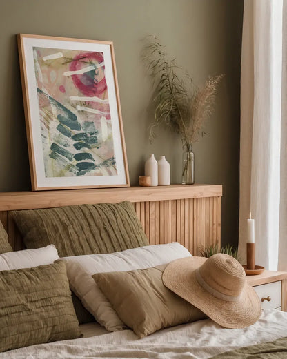 Strawberry Fields by Laura Horn. shown as a paper print in a natural frame. Available as a archival giclee rolled canvas, fine art paper, or poster print. SKU 91640h.