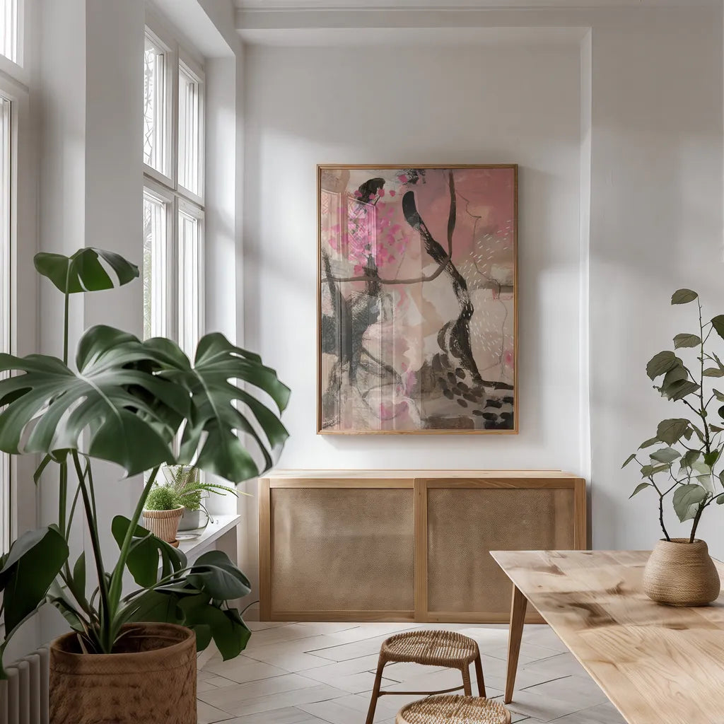 Trees and Blooms by Laura Horn. shown as a print in a natural wood frame in a dining room. Available as a archival giclee rolled canvas, fine art paper, or poster print. SKU 91639h.