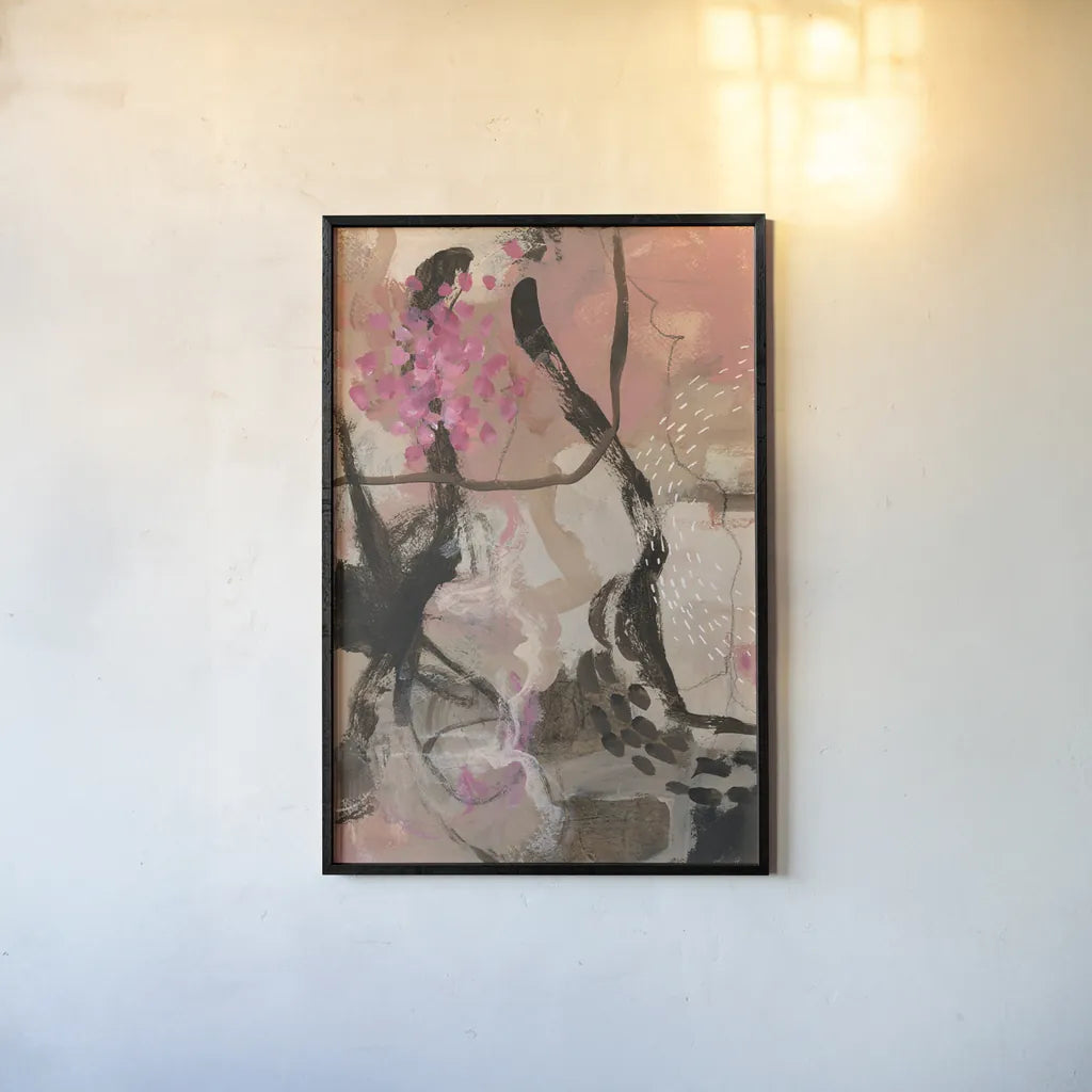 Trees and Blooms by Laura Horn. shown as a paper print in a black flame. Available as a archival giclee rolled canvas, fine art paper, or poster print. SKU 91639h.