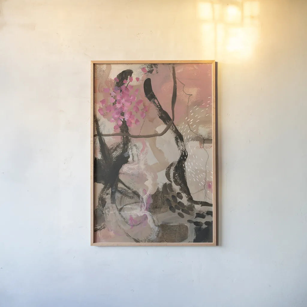 Trees and Blooms by Laura Horn. shown as a paper print in a natural frame. Available as a archival giclee rolled canvas, fine art paper, or poster print. SKU 91639h.