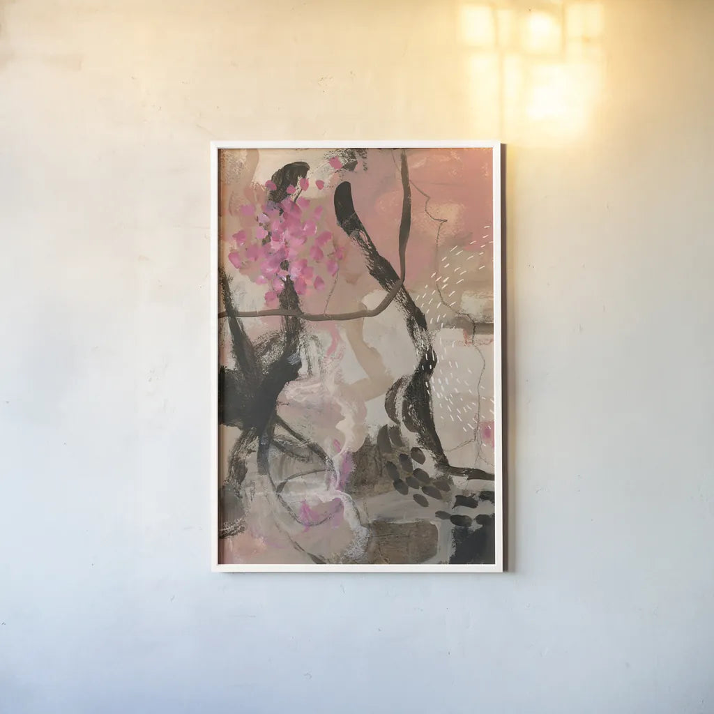 Trees and Blooms by Laura Horn. shown as a paper print in a white frame. Available as a archival giclee rolled canvas, fine art paper, or poster print. SKU 91639h.