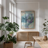 Wind on the Water by Laura Horn. shown as a print in a natural wood frame in a dining room. Available as a archival giclee rolled canvas, fine art paper, or poster print. SKU 91644h.