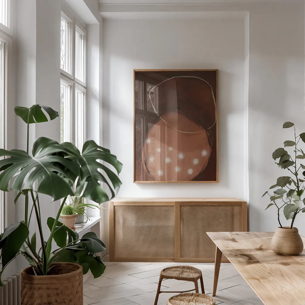 Winter Hibernation by Laura Horn. shown as a print in a natural wood frame in a dining room. Available as a archival giclee rolled canvas, fine art paper, or poster print. SKU 73166h.