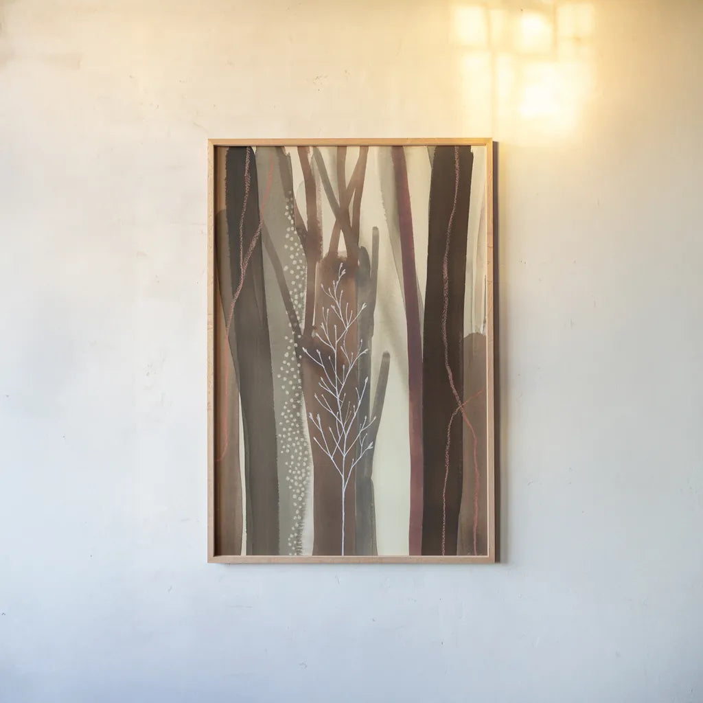 Woodland Awakening by Laura Horn. shown as a paper print in a natural frame. Available as a archival giclee rolled canvas, fine art paper, or poster print. SKU 78529h.